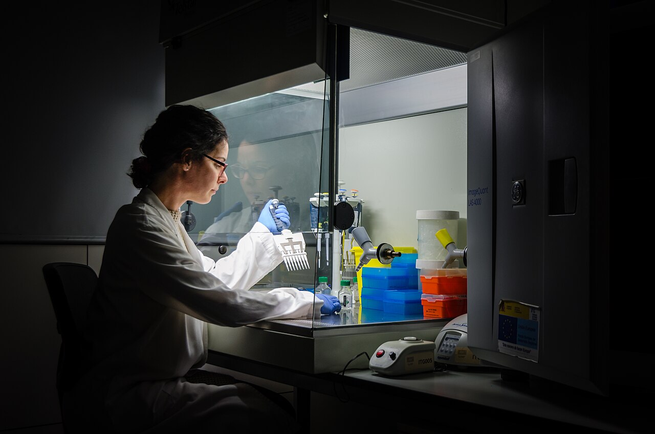 A researcher working late in a laboratory