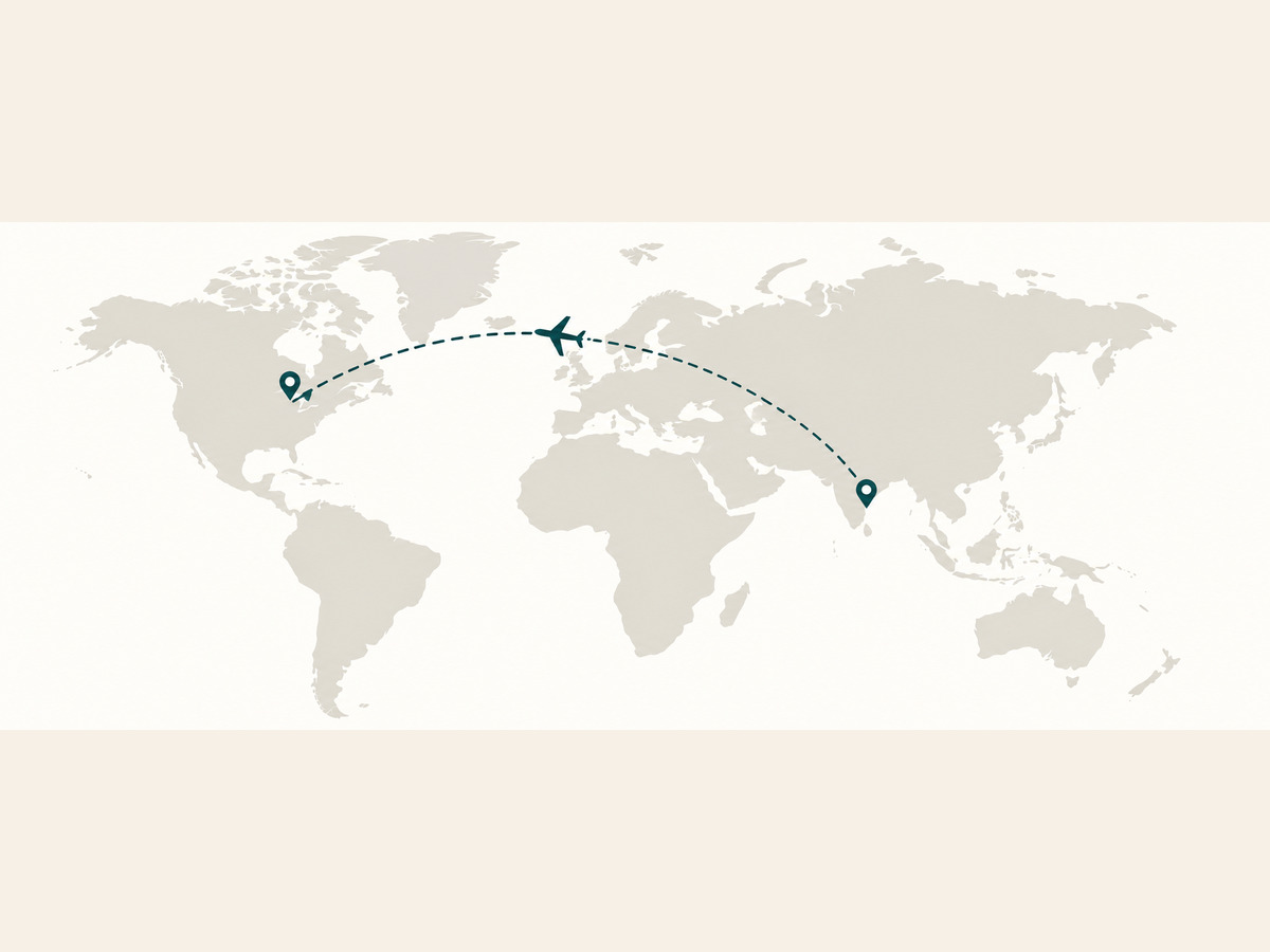 Minimal map showing a flight path from the United States to India